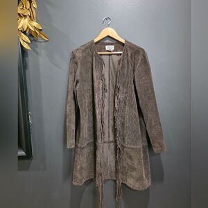 CHICOS DESIGN SUEDE Leather FRINGE Brown Single Hook Closure Jacket SIZE 1 US M